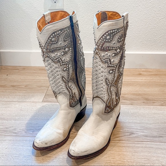 Frye Leather Deborah Deco Tall in White/Gold/Brown - Picture 3 of 13